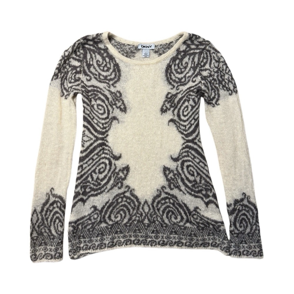 DKNY Cream & Black Sigil Style Punk Wool Blend Sweater Ladies Size Small Y2K VTG